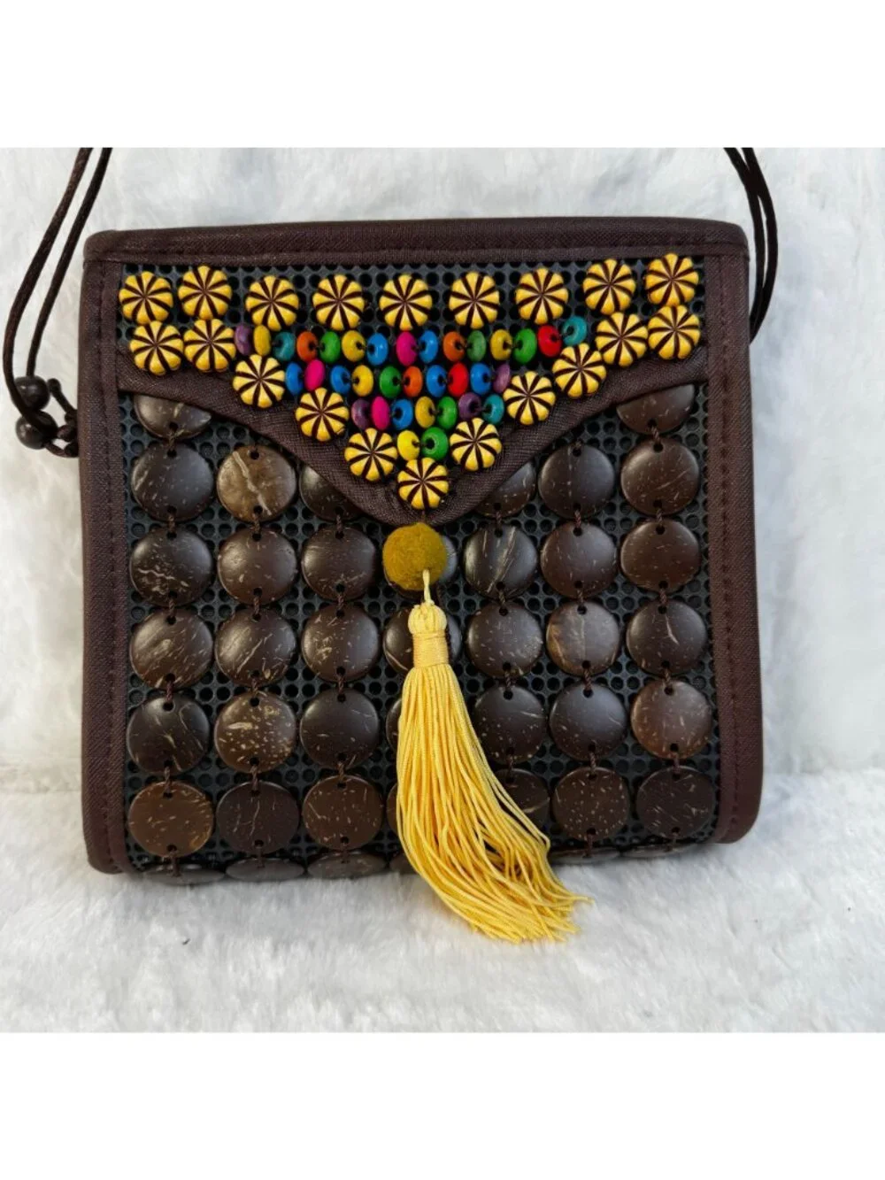 Handcrafted Coconut Shell Crossbody Bag Beaded Accents Tassel Boho Chic Design